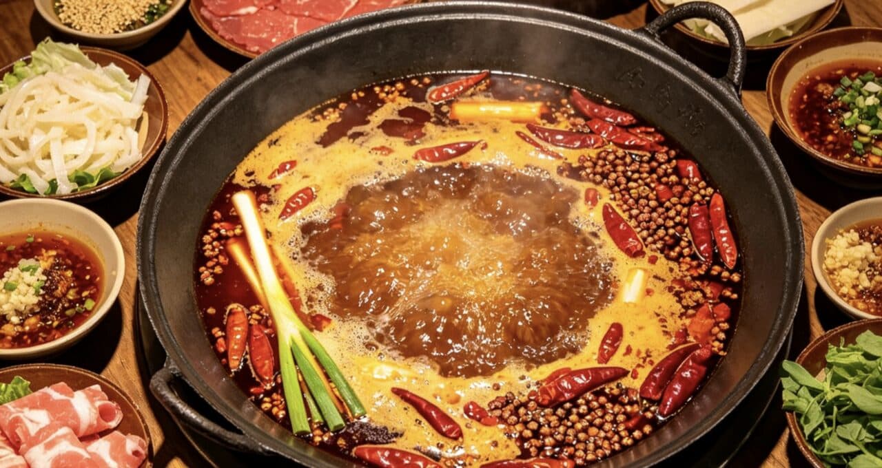 A divided hotpot of bubbling chilli-oil broth ringed by plates of tripe, sliced beef and vegetables