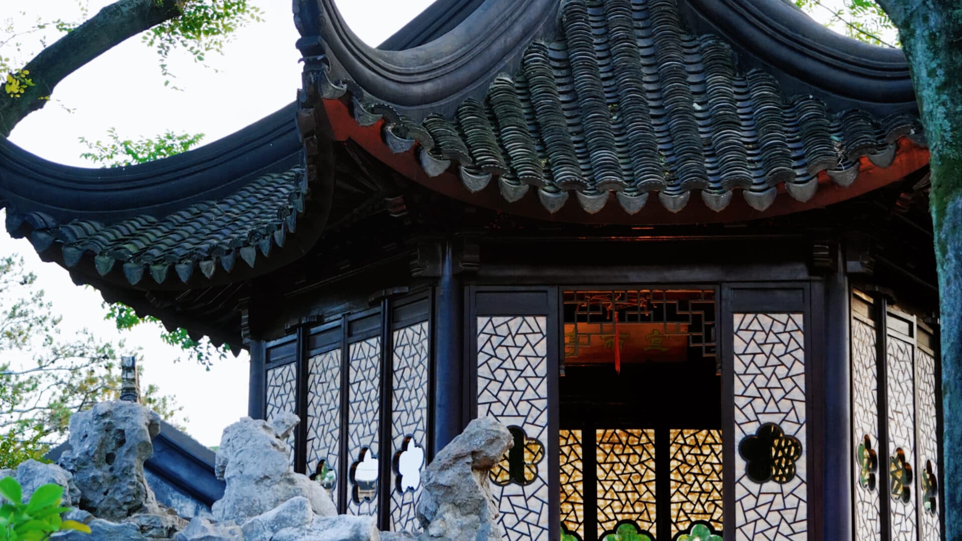 A corner of a Suzhou garden: a waterside pavilion with rockery and old trees along a whitewashed bank