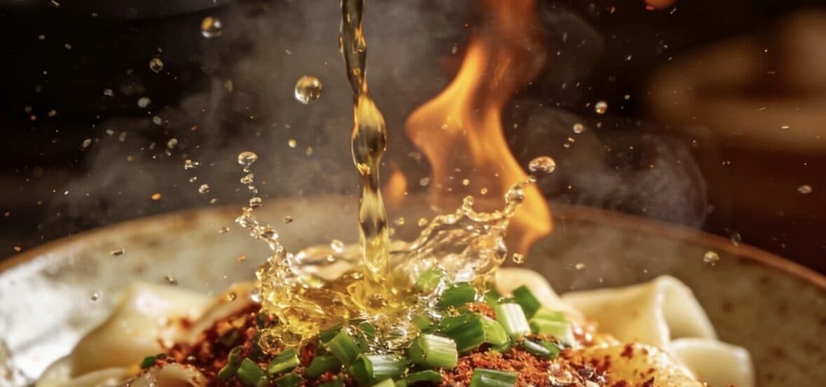Guanzhong oil-splashed noodles: wide noodles topped with chilli flakes and spring onion as smoking oil, briefly alight, is poured over them
