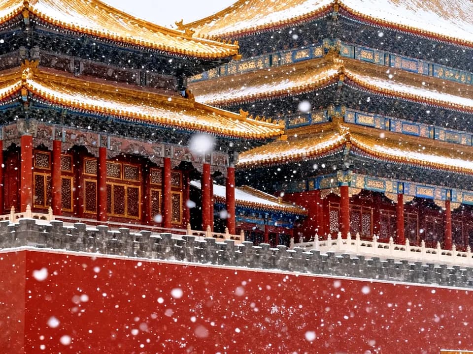 Golden glazed roofs and red walls of the Forbidden City halls in falling snow
