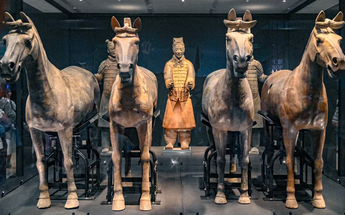 Four horses and three armoured warrior figures inside a museum display case