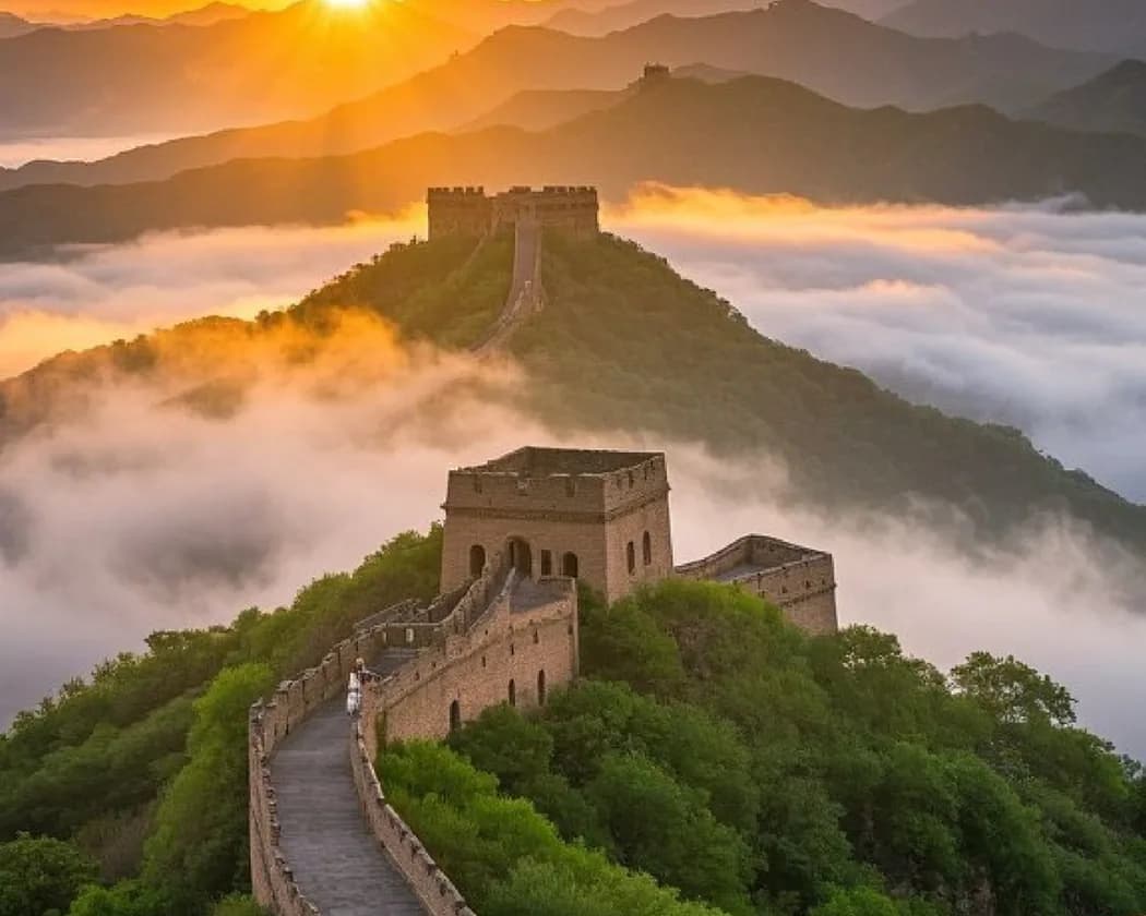 The Great Wall crossing forested ridges above low cloud