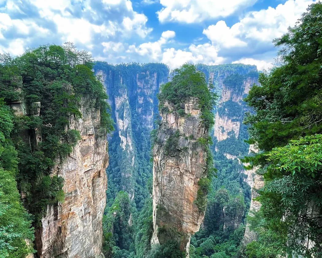 Sandstone peaks and a cable car in Zhangjiajie