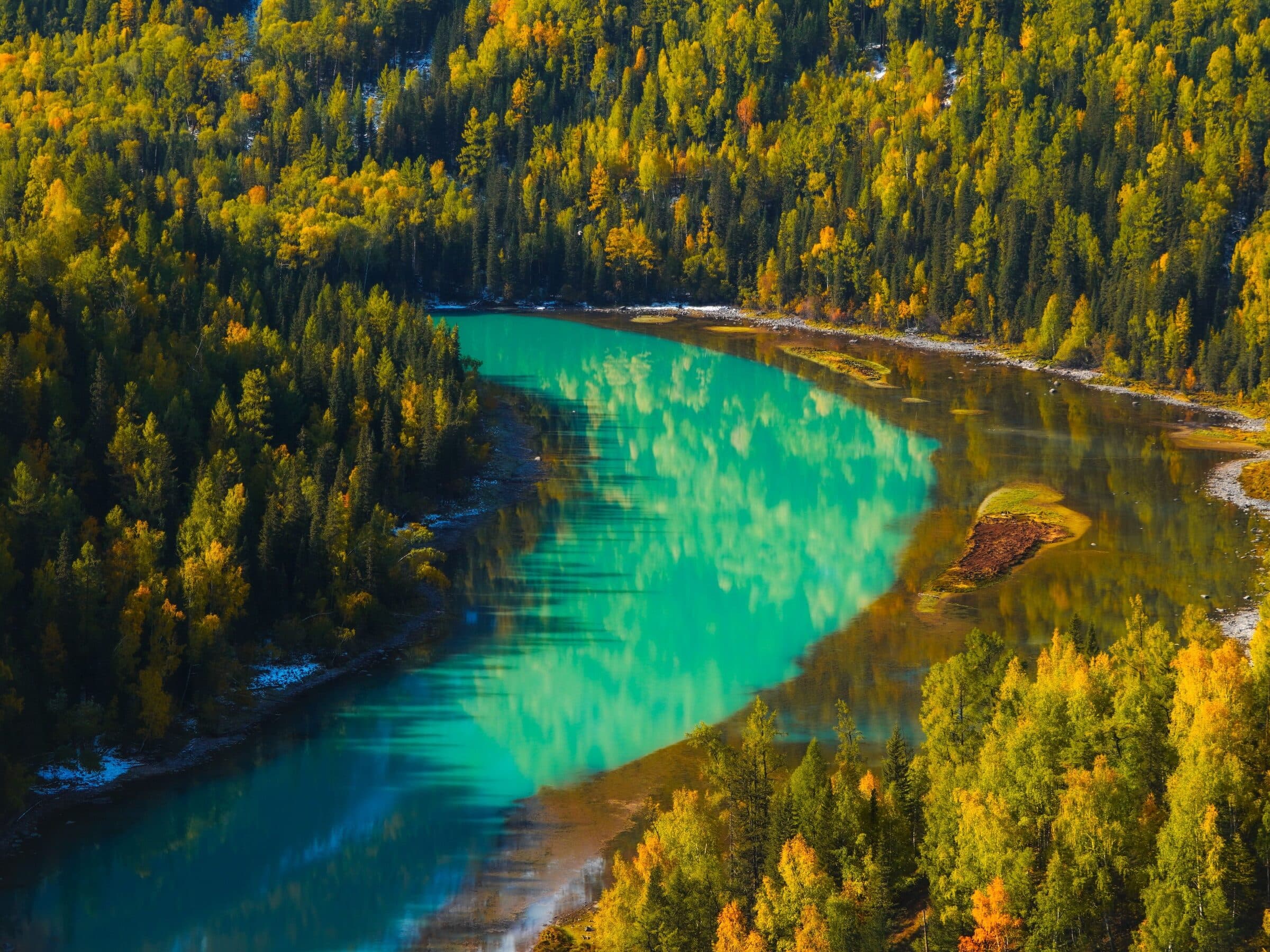 The Kanas River bending through autumn forest