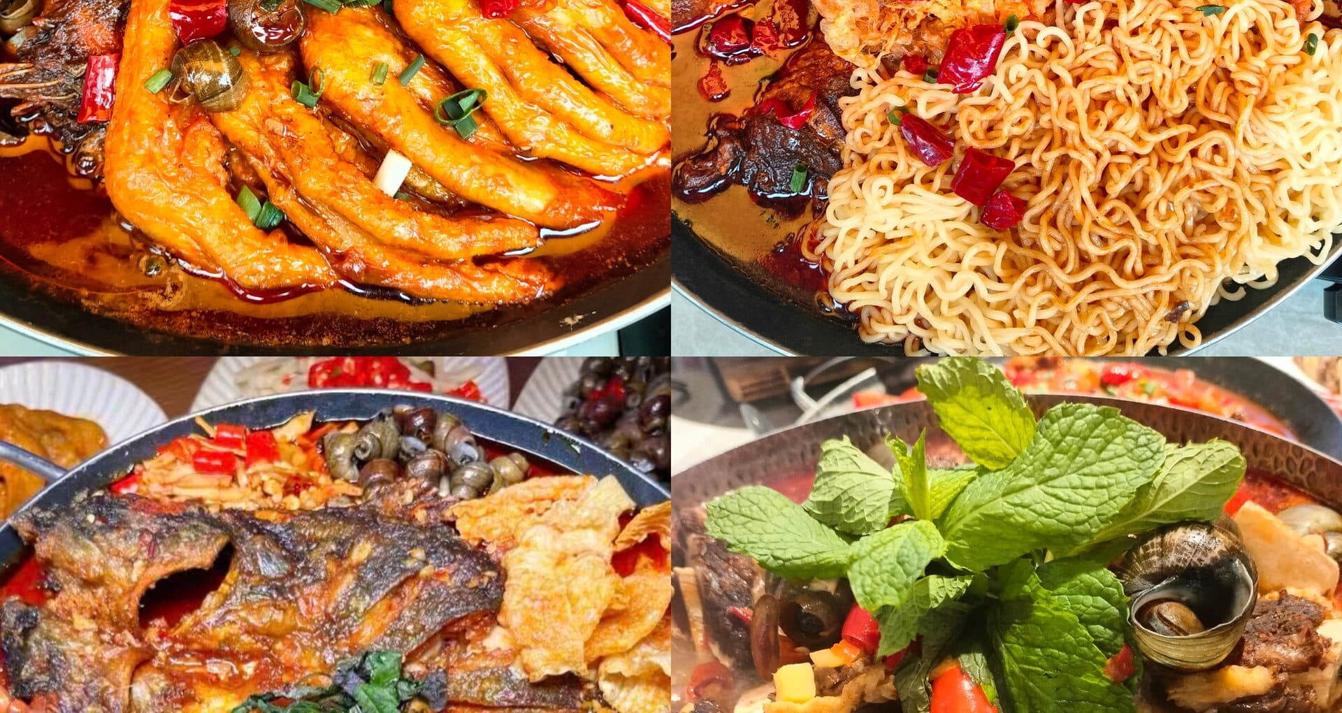 A Guilin table spread with beer fish in the pan, river snails, bamboo-tube rice and more