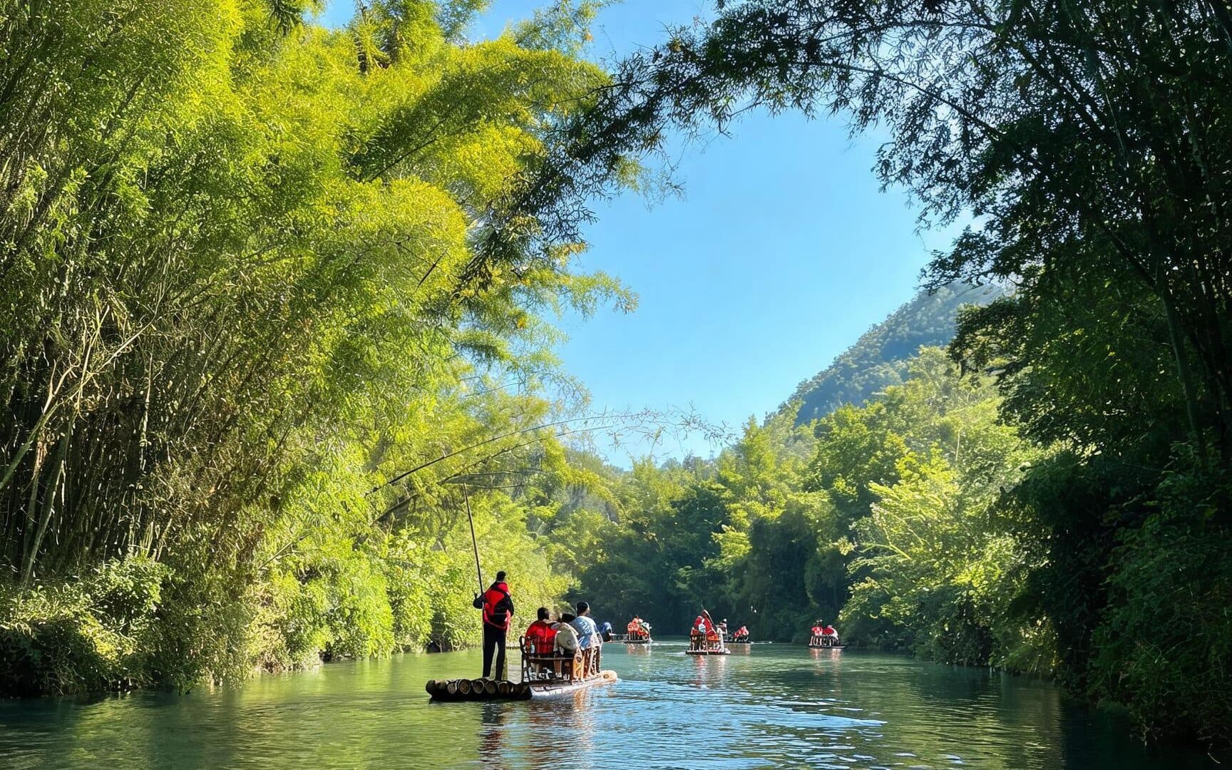 Bamboo rafts drifting past bamboo groves on the Yulong River