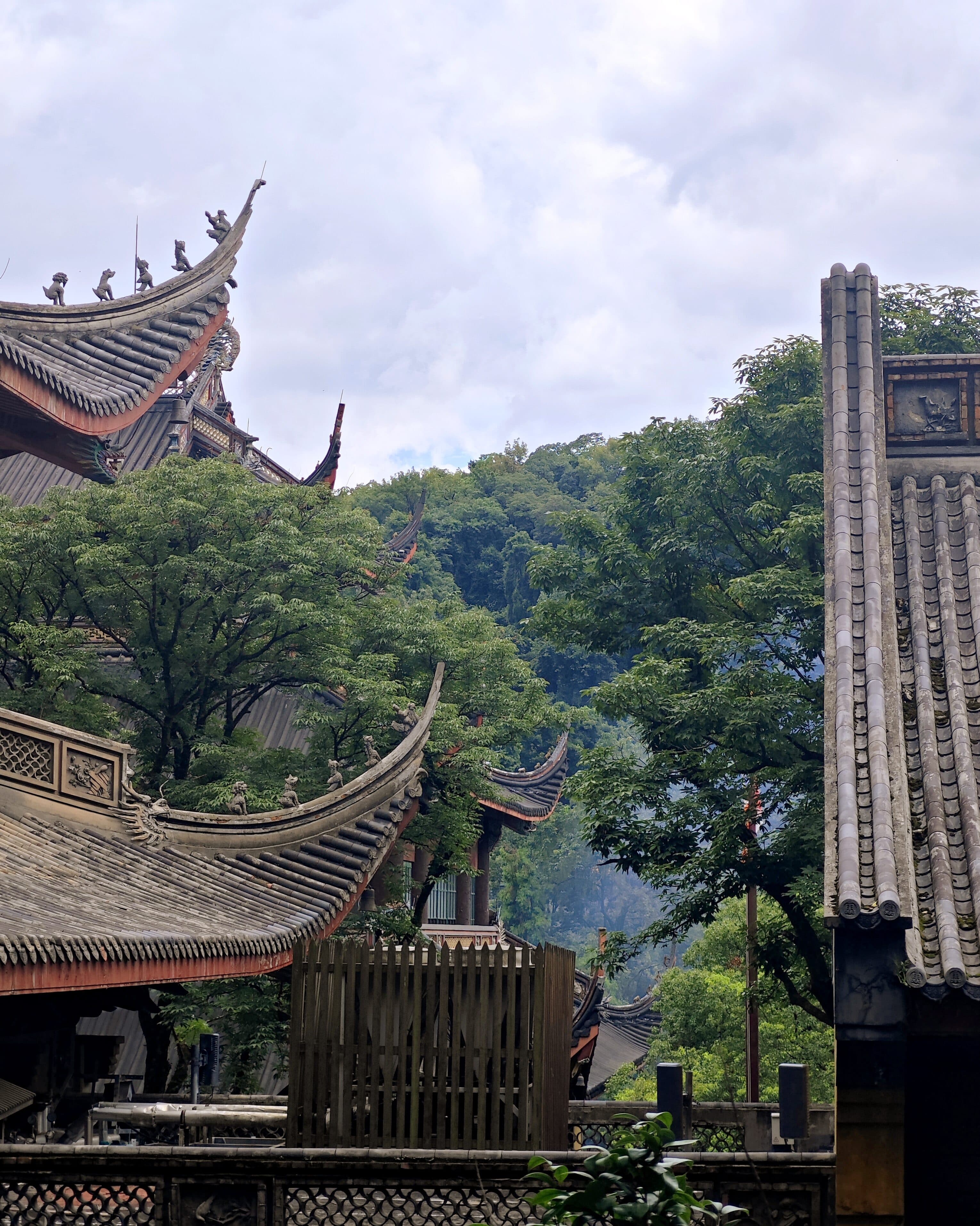 Grey-tiled temple roofs with upturned eaves and ridge figures below wooded hills