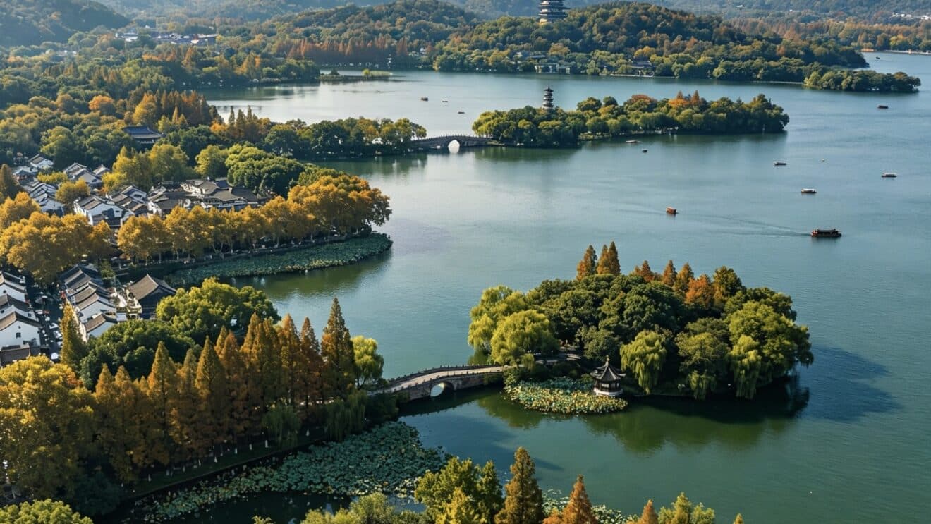 An aerial view of West Lake with causeways and bridges, autumn trees and small boats on the water