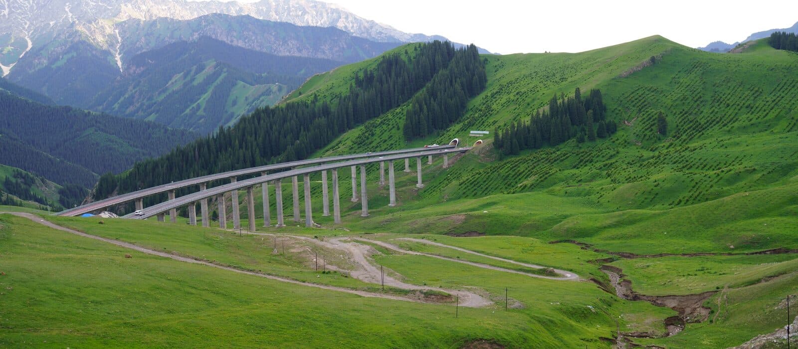The Guozigou viaduct crossing a green mountain valley
