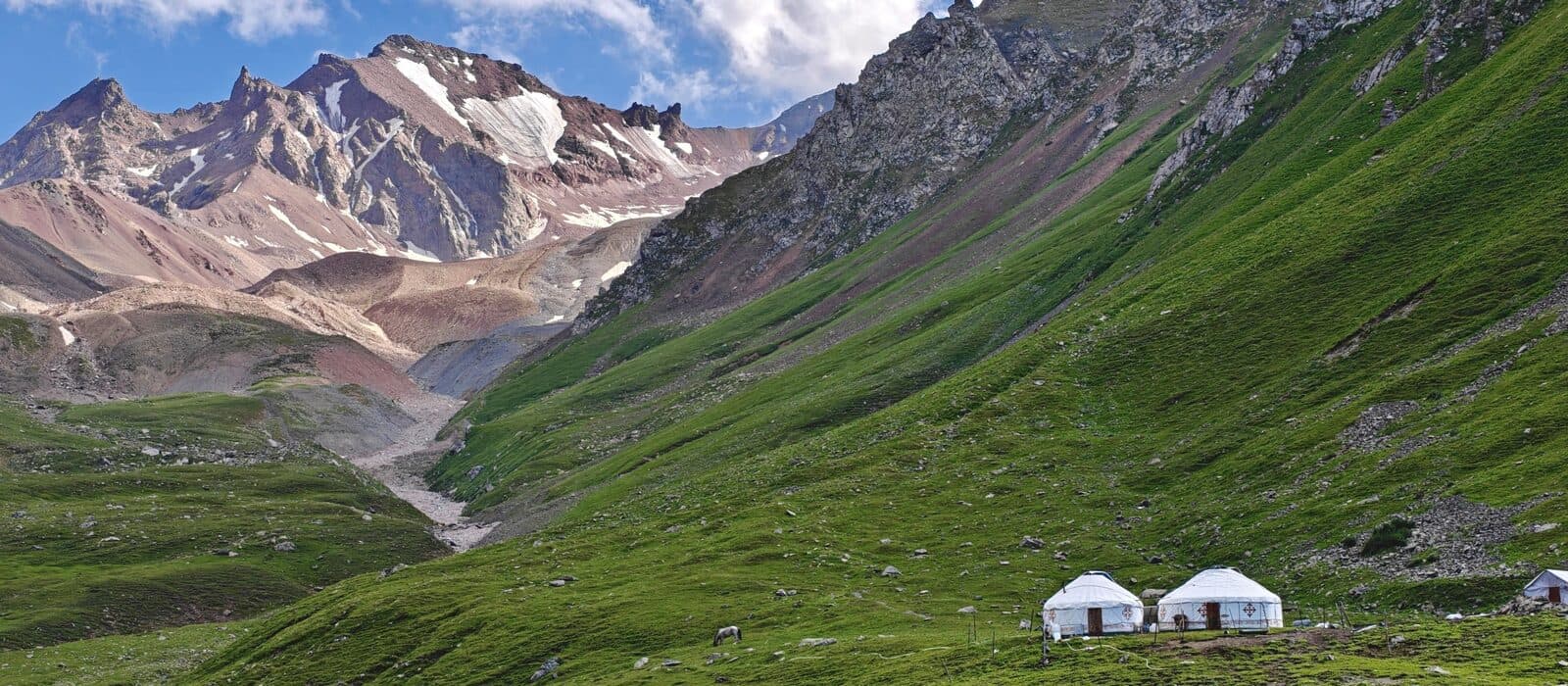 An Ili valley with snow-patched peaks, green slopes, and yurts by a rocky riverbed