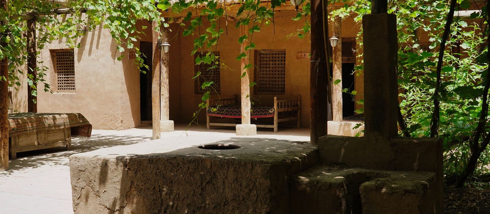 A Uyghur courtyard with timber posts, grapevines, and raised platform beds