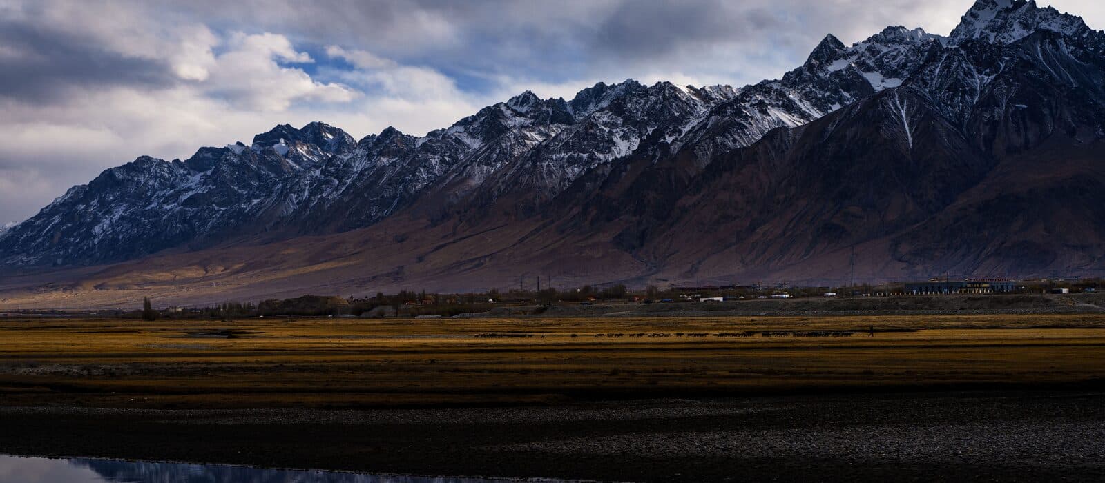 A Pamir plain below a snow-capped range, with a distant settlement