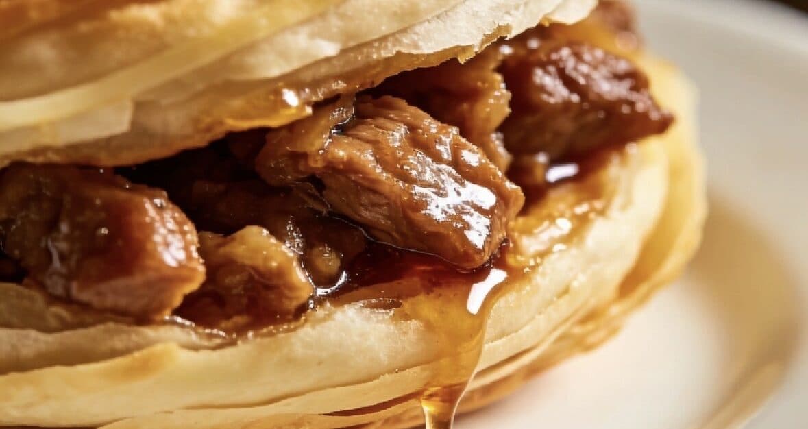 A close view of a roujiamo: a flat wheat bun split open and filled with chopped braised pork and its gravy