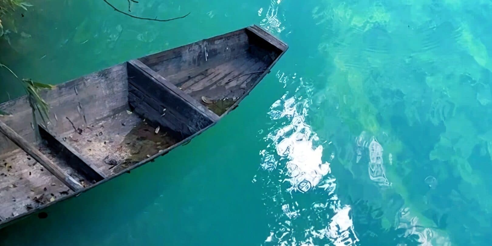 Wooden boat moored on clear green water below overhanging branches