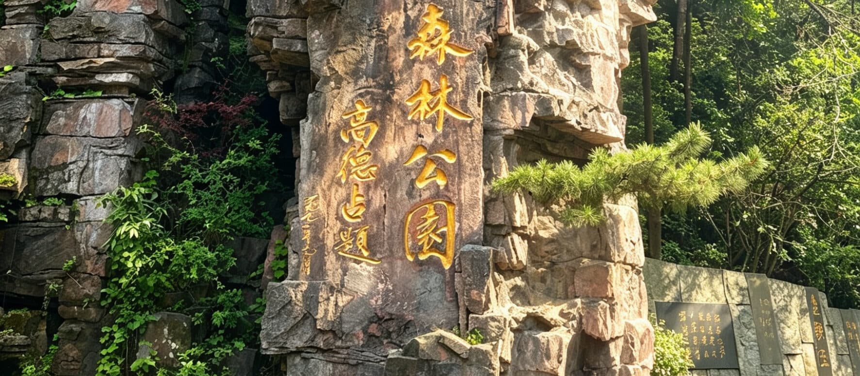 Gold-carved stone stele marking the Zhangjiajie National Forest Park entrance, framed by green trees