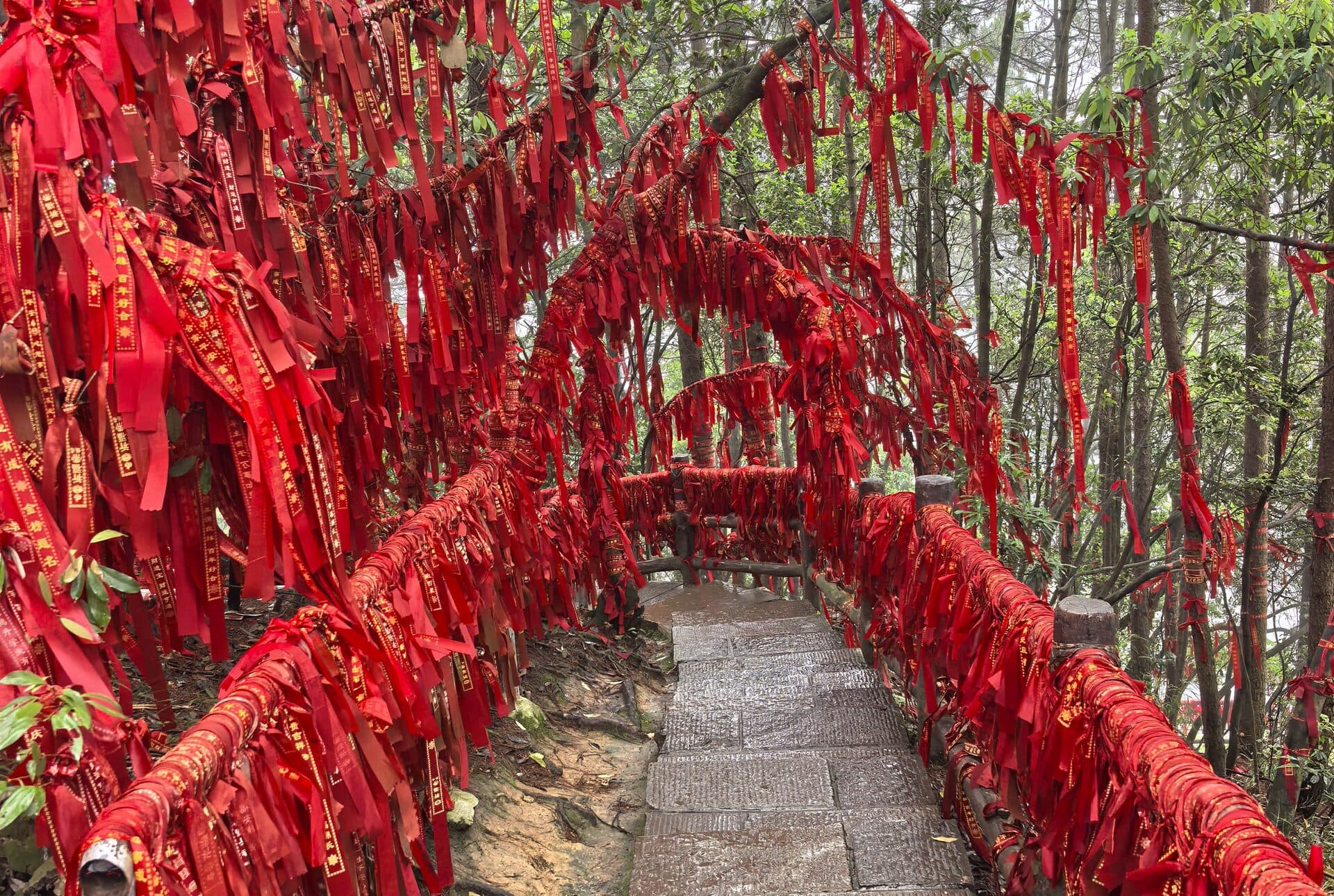 Forest walkway with red prayer ribbons along the railing