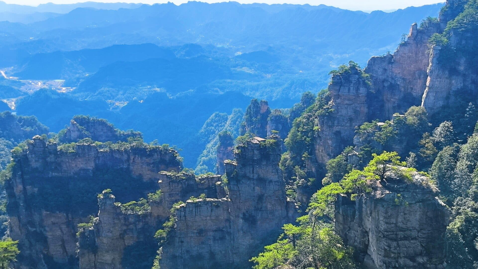 Karst ridges of the Wulingyuan stone forest seen from above in blue haze