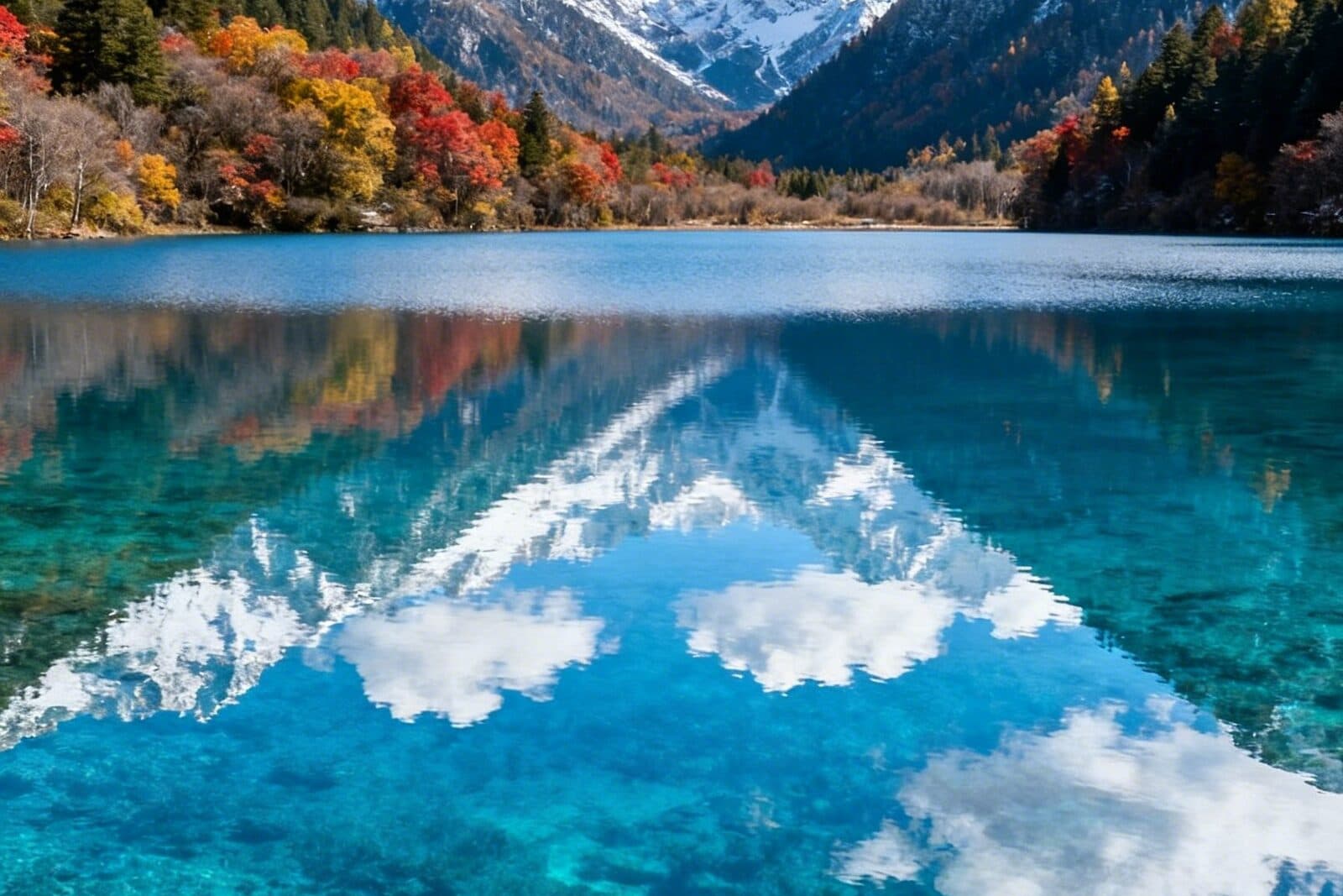 A turquoise alpine lake reflecting clouds and peaks, ringed by autumn forest