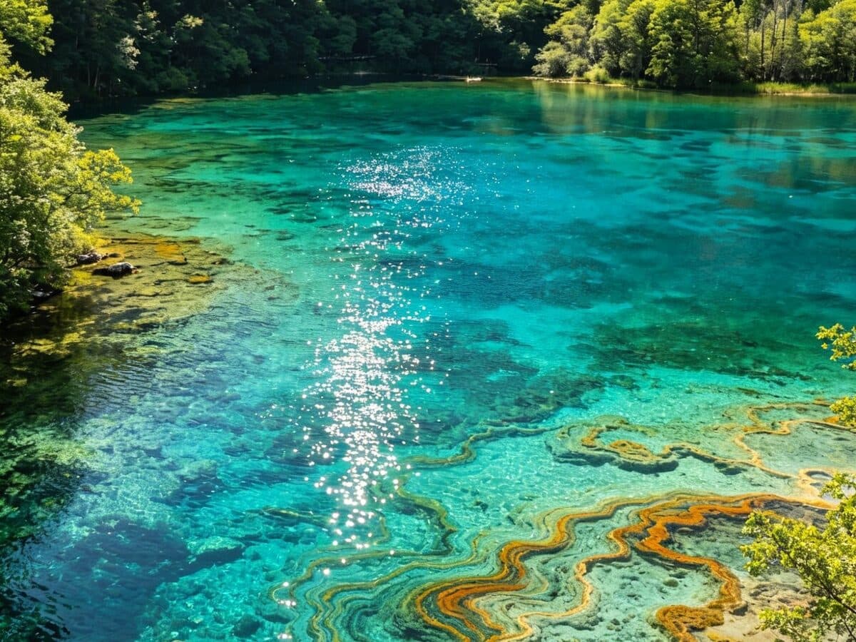 Banded travertine terraces beneath the clear turquoise water of Five-Flower Lake