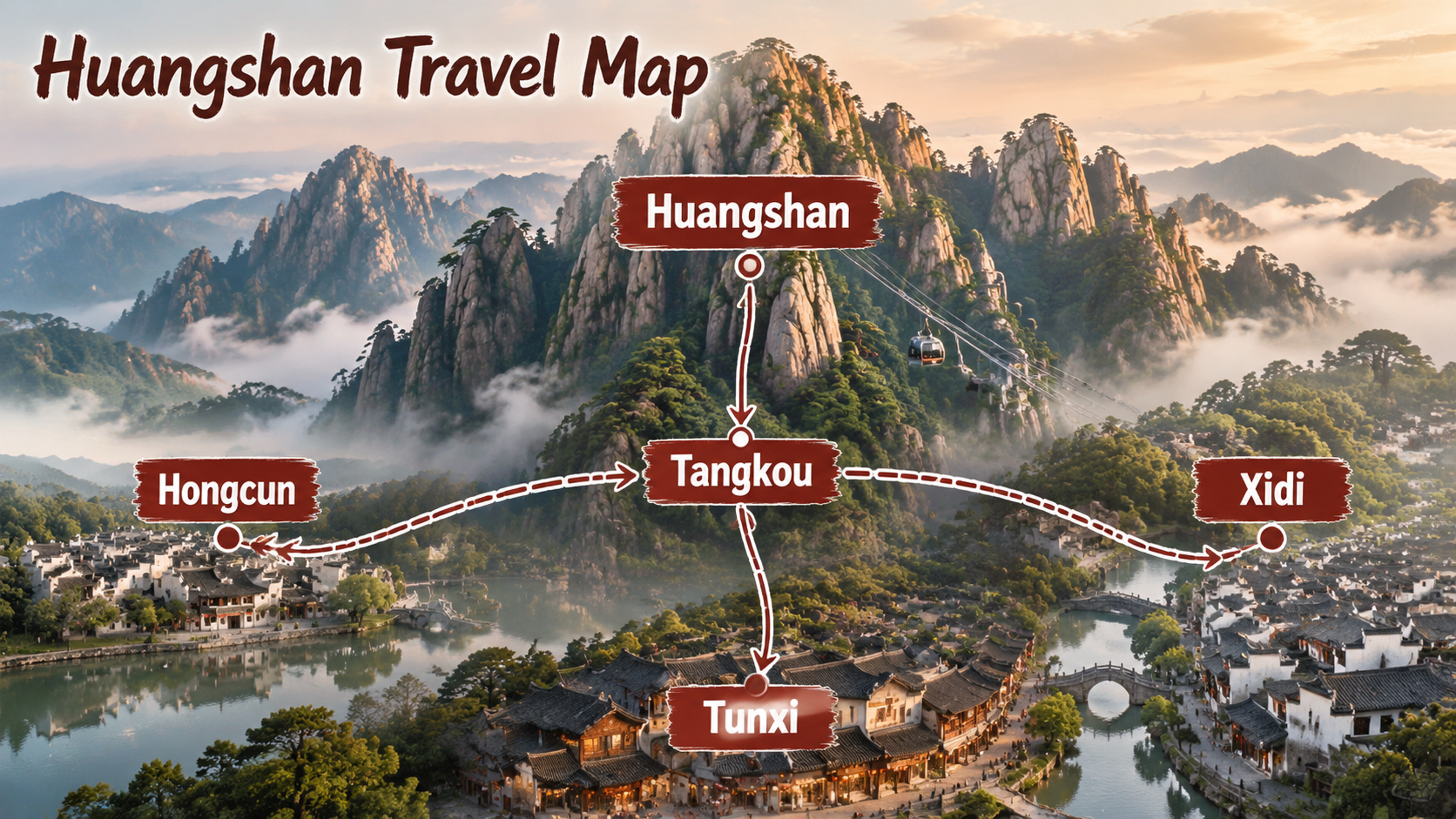 Illustrated Anhui area map of Huangshan and Huizhou, linking Huangshan, Tangkou, Hongcun, Xidi and Tunxi